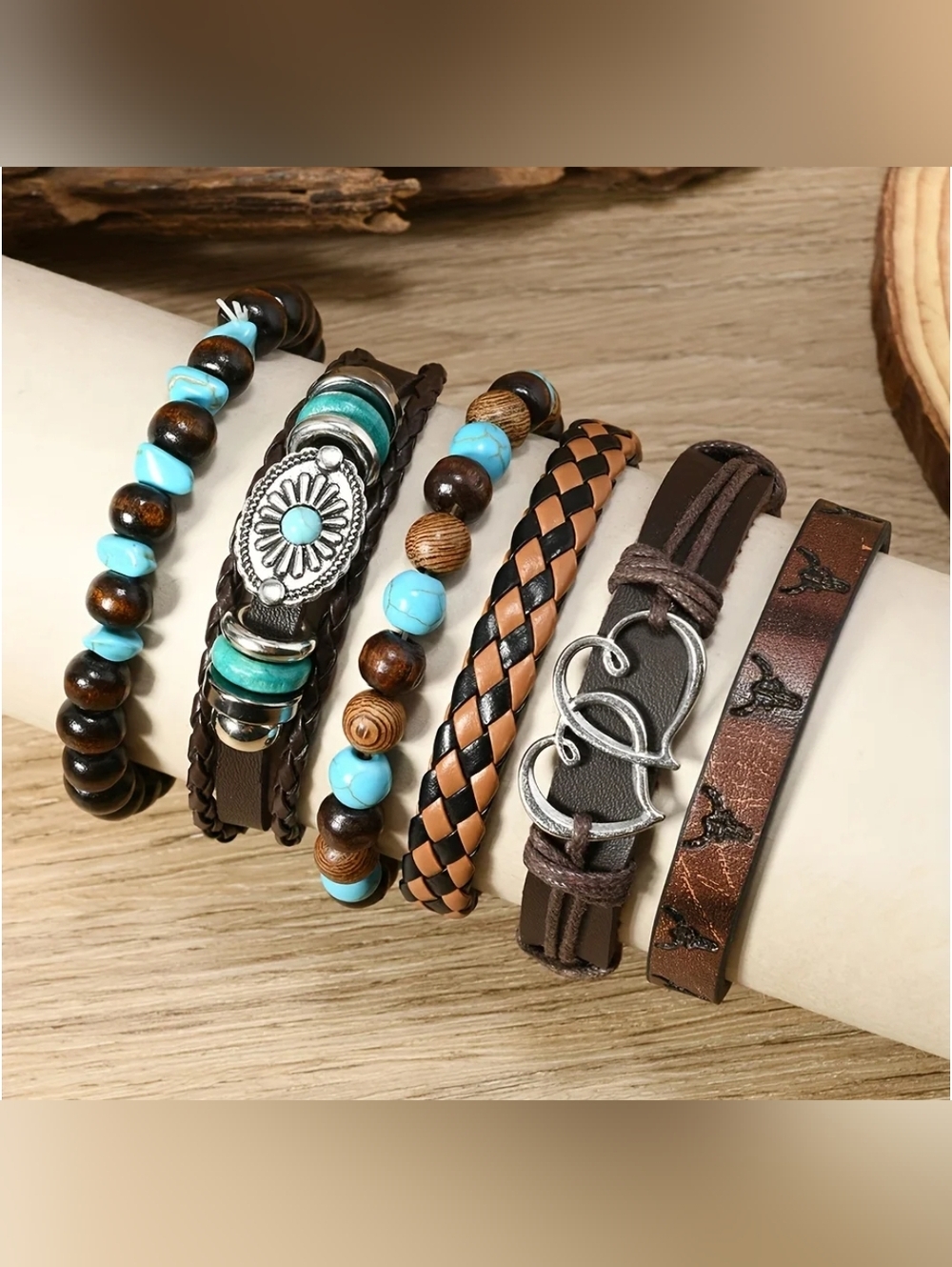 Bohemian Bracelets Brown Turquoise Silvery 6-piece  Set Hippie Style Jewelry - Picture 9 of 10